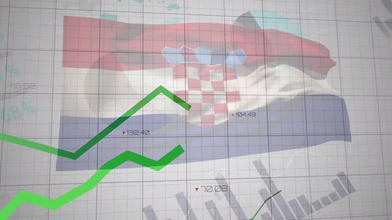Animation of graphs and data processing over flag of croatia on grey background