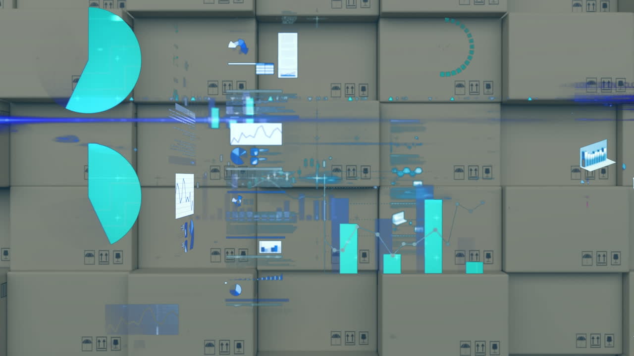 Animation of financial data processing over stack of cardboard boxes