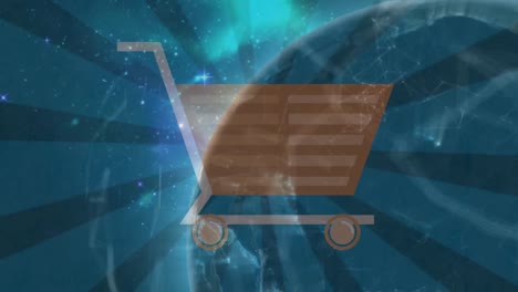 animation of shopping cart icon over globe with glowing network of connections and cosmos