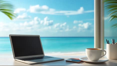 beachfront workspace with laptop and coffee