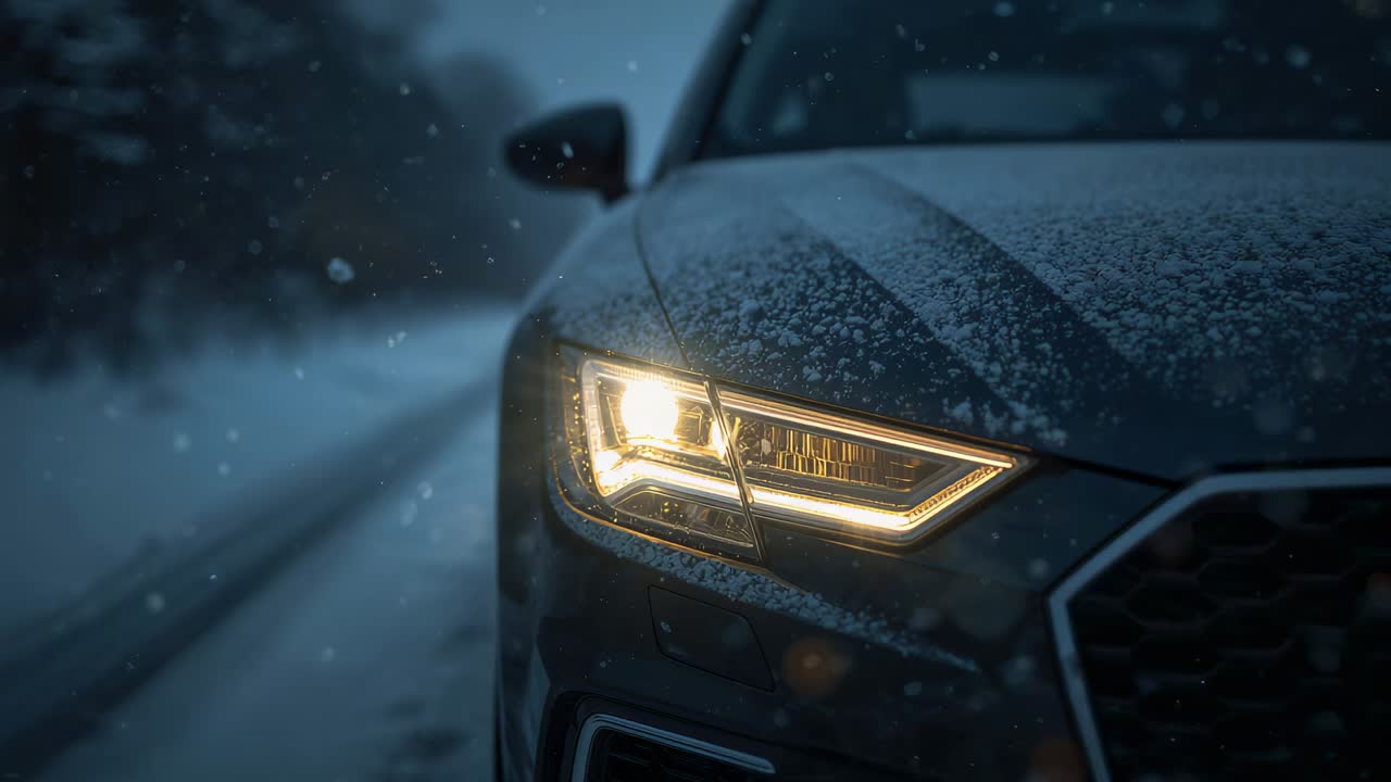 Headlight turning on, car front-left casting warm beam on snowy road for visibility, with LED strip