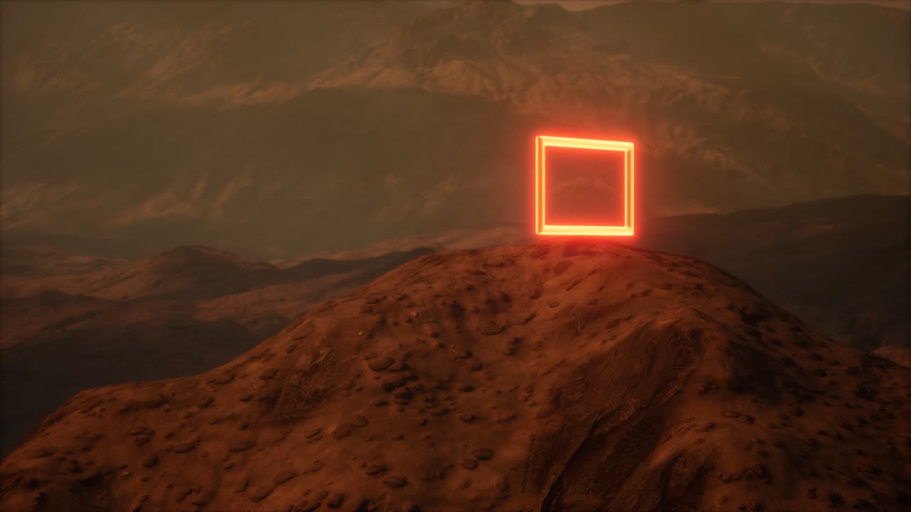 portal de neón en la superficie del planeta marte con el soplo de polvo