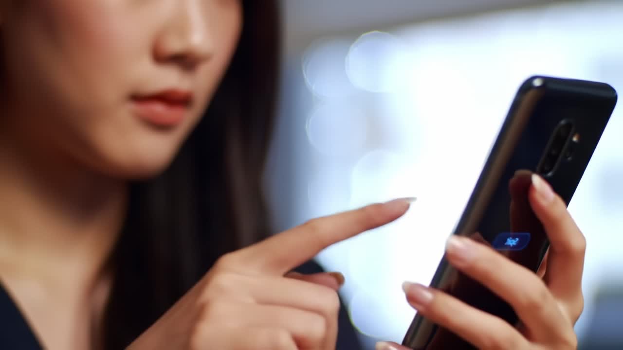 A Close-Up View of a Person Interacting with a Smartphone, Highlighting Touch Gestures and a Glimpse of Digital Interface Elements in a Softly Lit Environment