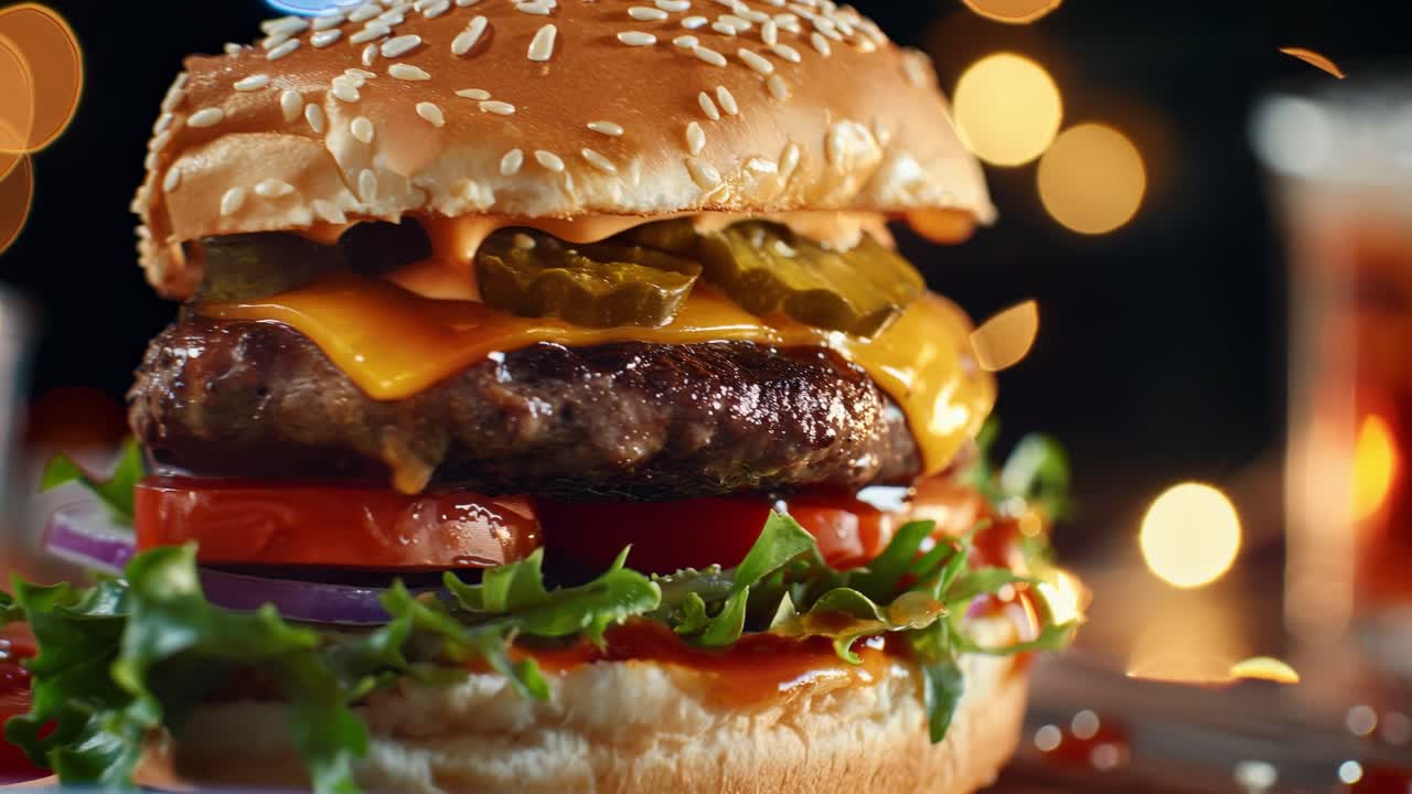 Juicy burger showcasing a toasted sesame seed bun, melted cheese, pickles, fresh lettuce, tomato, onion, and a seasoned beef patty, with a bokeh background