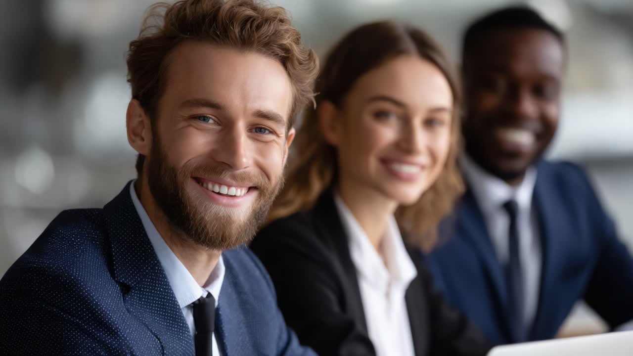 A group of young professionals in formal attire smiling confidently at the camera in a bright, modern office setting, showcasing success and teamwork