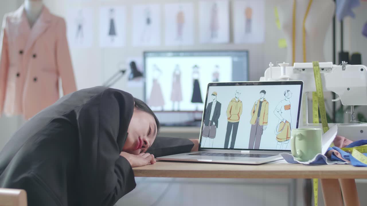 지친 패션 디자이너가 스튜디오에서 잠을 자고 있습니다.