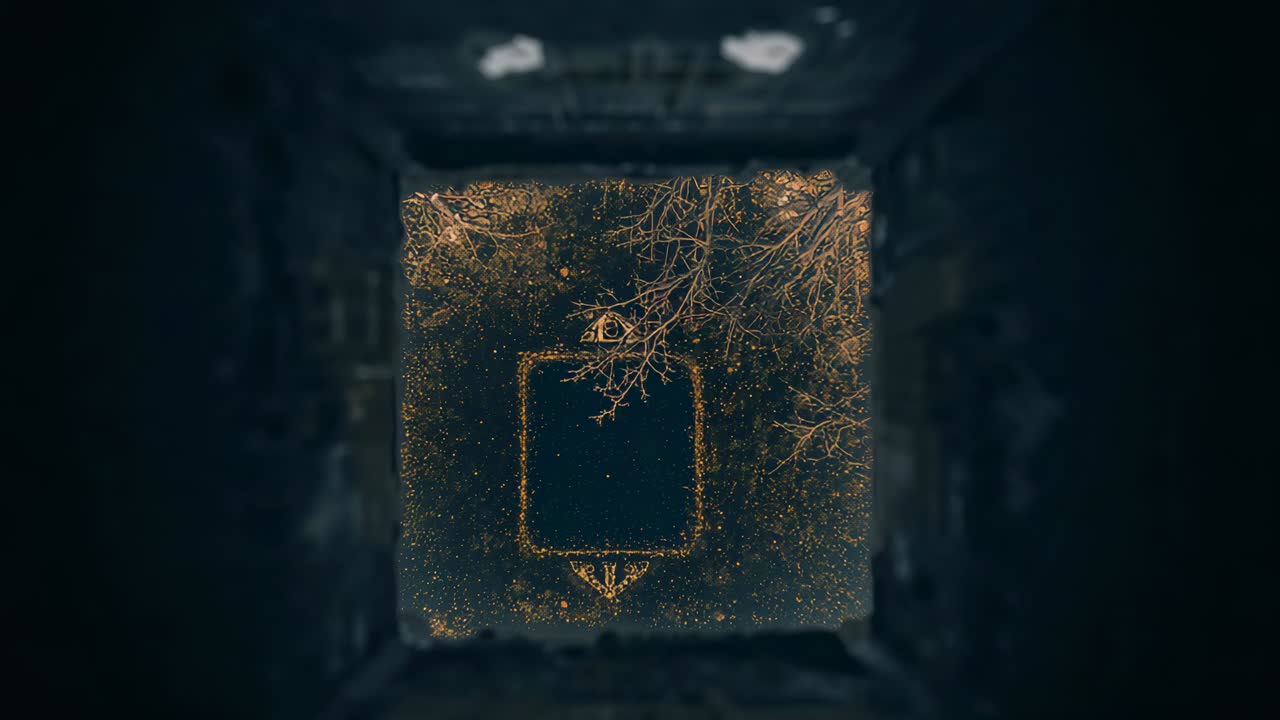 Shifting camera revealing illuminated square opening at shaft top, with golden frame and branches