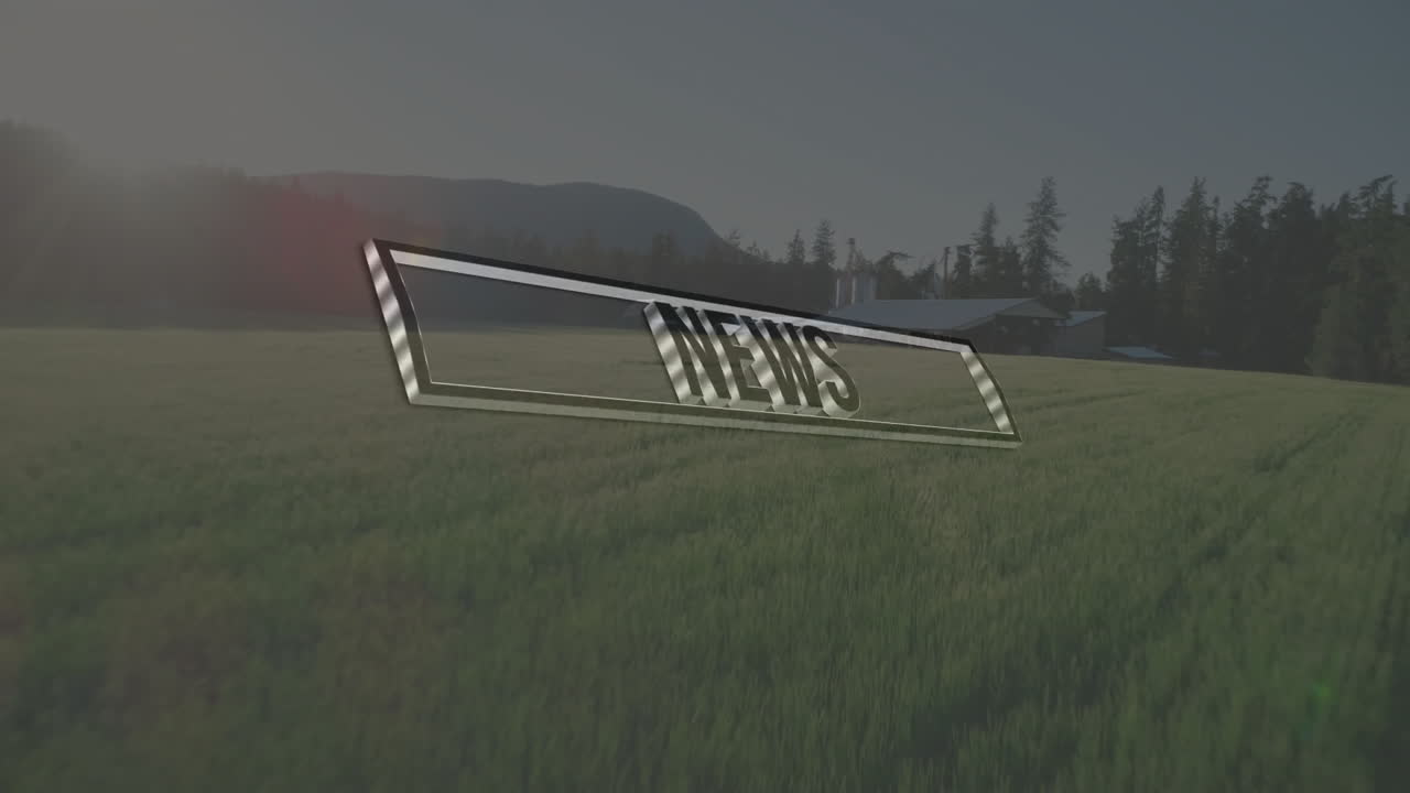 News text animation over scenic rural landscape with green fields and mountains