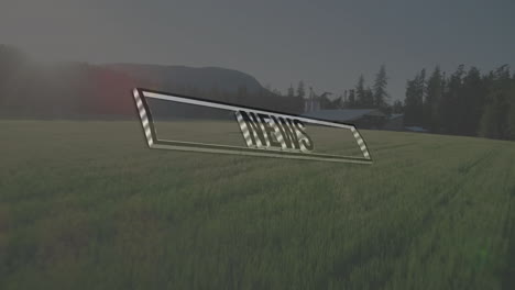 News text animation over scenic rural landscape with green fields and mountains