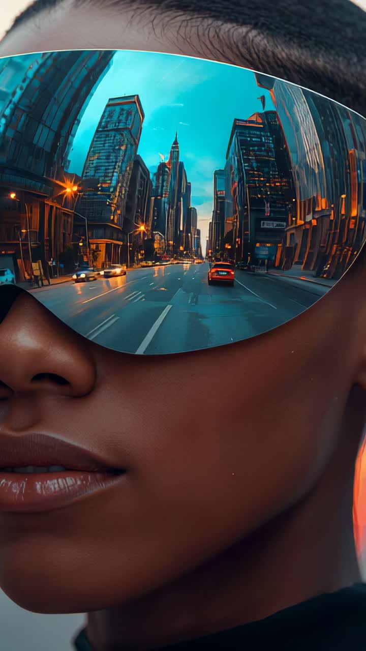 Vertical video: Shifting camera filming model in dark top posing in studio, visor showing city