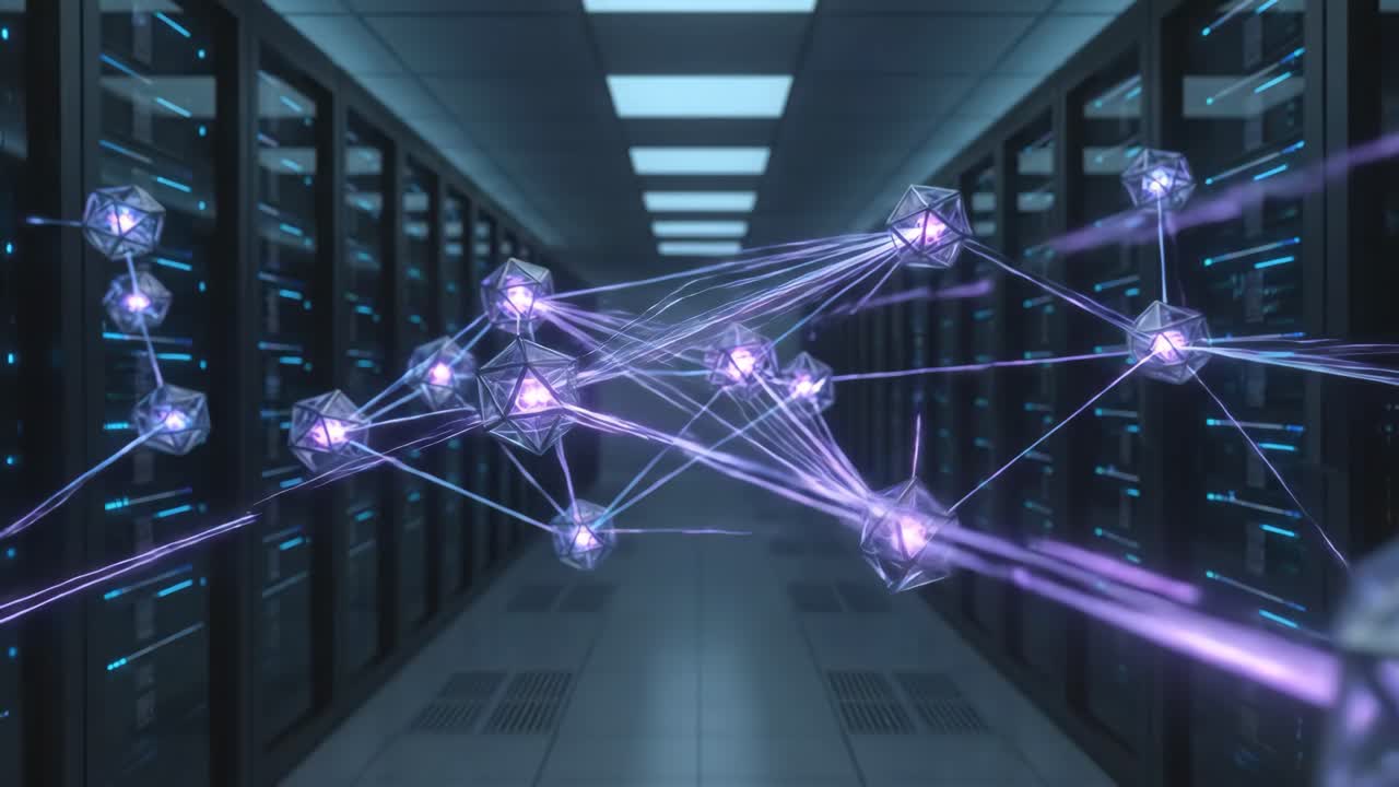 Digital Network Connections with Glowing Geometric Shapes in Data Center