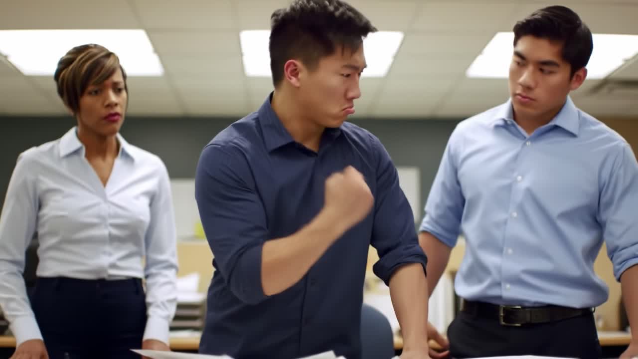 Employees are engaged in a tense discussion in an office. One individual is visibly upset, throwing papers into the air while colleagues watch in surprise.