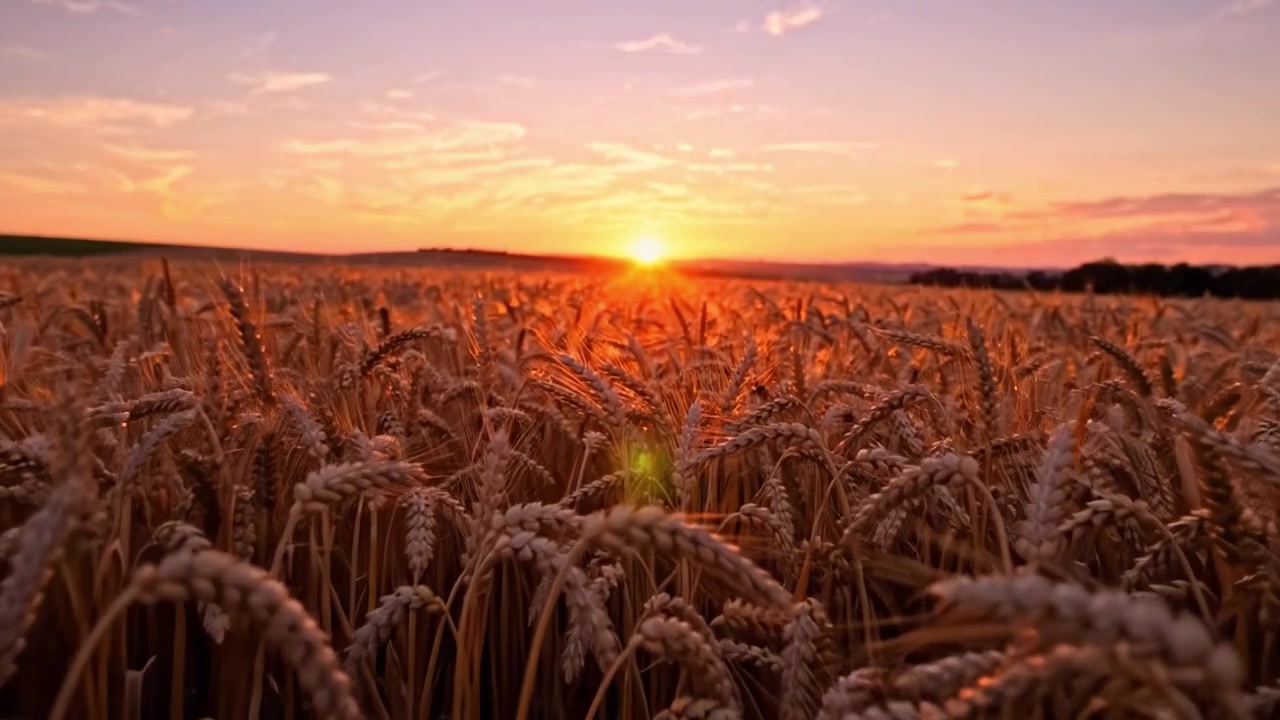 Goldene Felder bei Sonnenuntergang: Ein atemberaubender Anblick von Weizenähren, gebadet in warmem Abendlicht, mit einem leuchtenden Horizont unter einem malerischen Himmel.