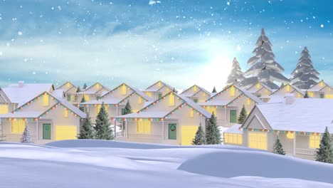 Animation-of-snow-falling-over-over-houses-in-winter-scenery