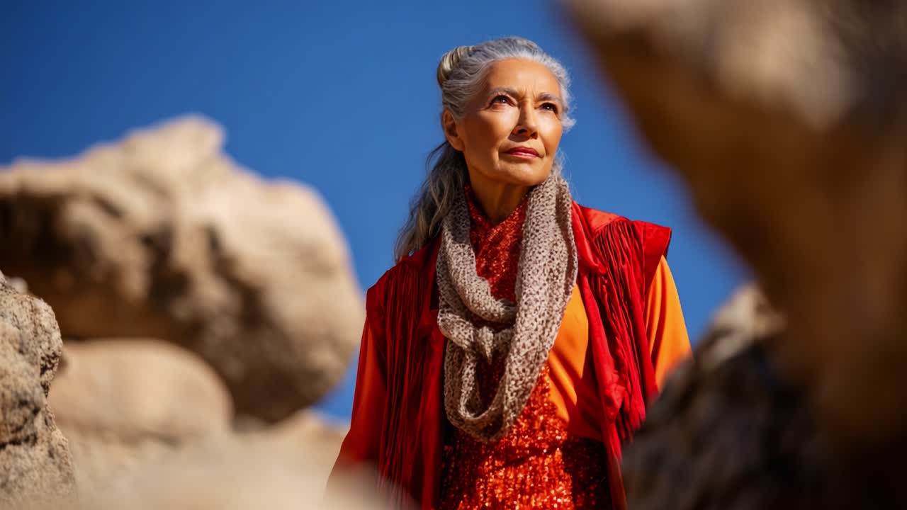 Ritratto accattivante di un'elegante donna anziana che posa tra maestose formazioni rocciose sotto un cielo azzurro, con un'aria di saggezza e sicurezza.