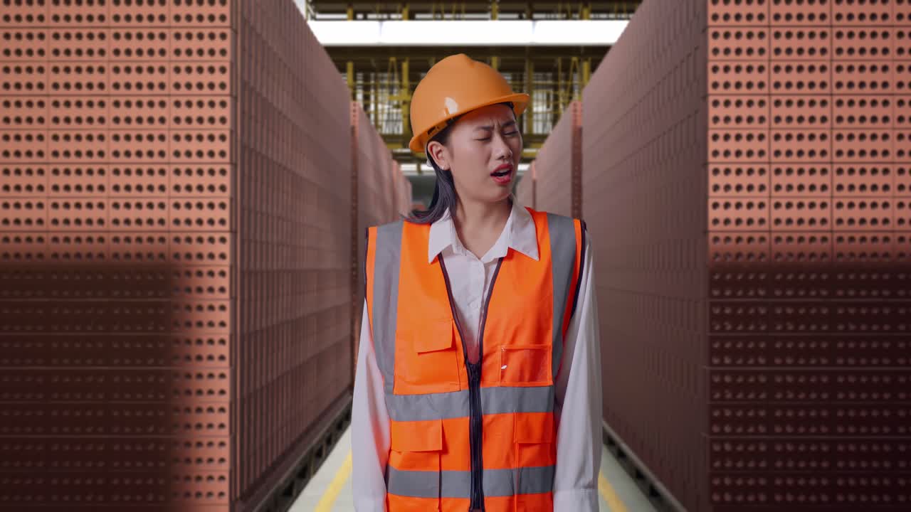 Wondering Asian Female Engineer With Safety Helmet Working Doubtfully With Red Brick Packed in Stacks Are Stored