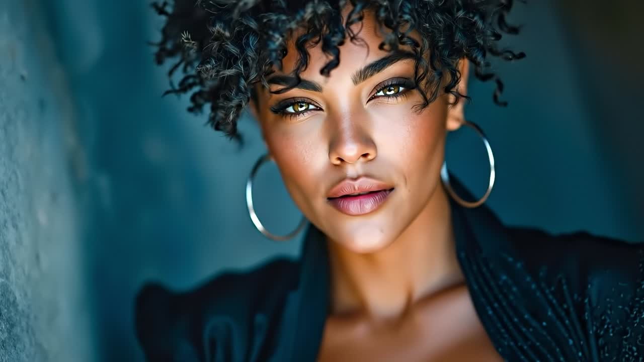 A woman with curly hair wearing large hoop earrings