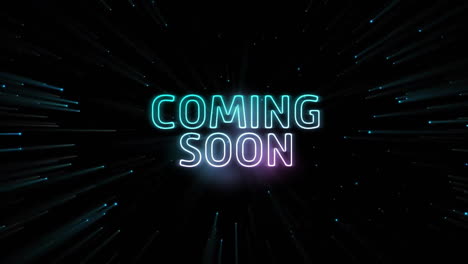 animation of coming soon text over glowing lights over black background