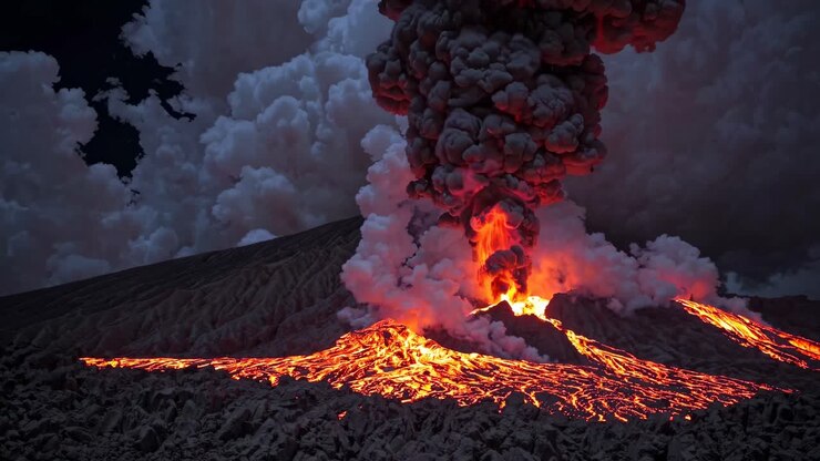 Dramatic wide-angle video capture of an erupting volcano at night, showcasing fiery lava flows