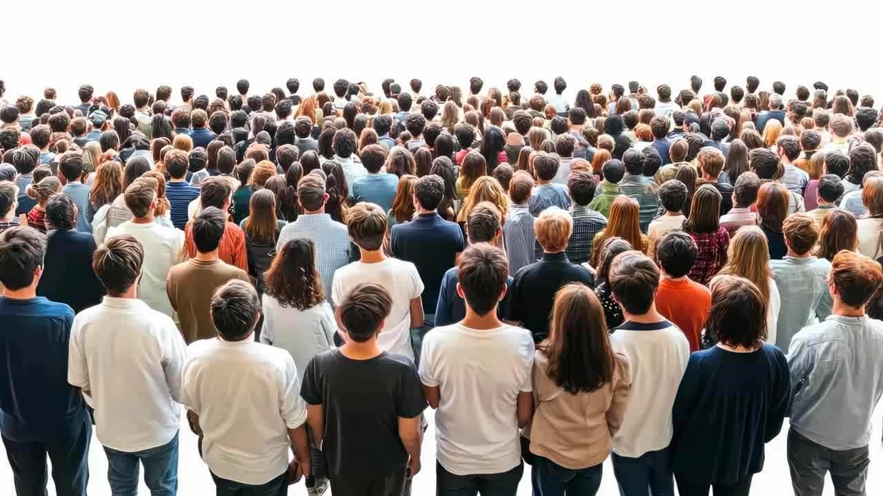 High-angle video shot of a large crowd facing away, symbolizing unity and diversity