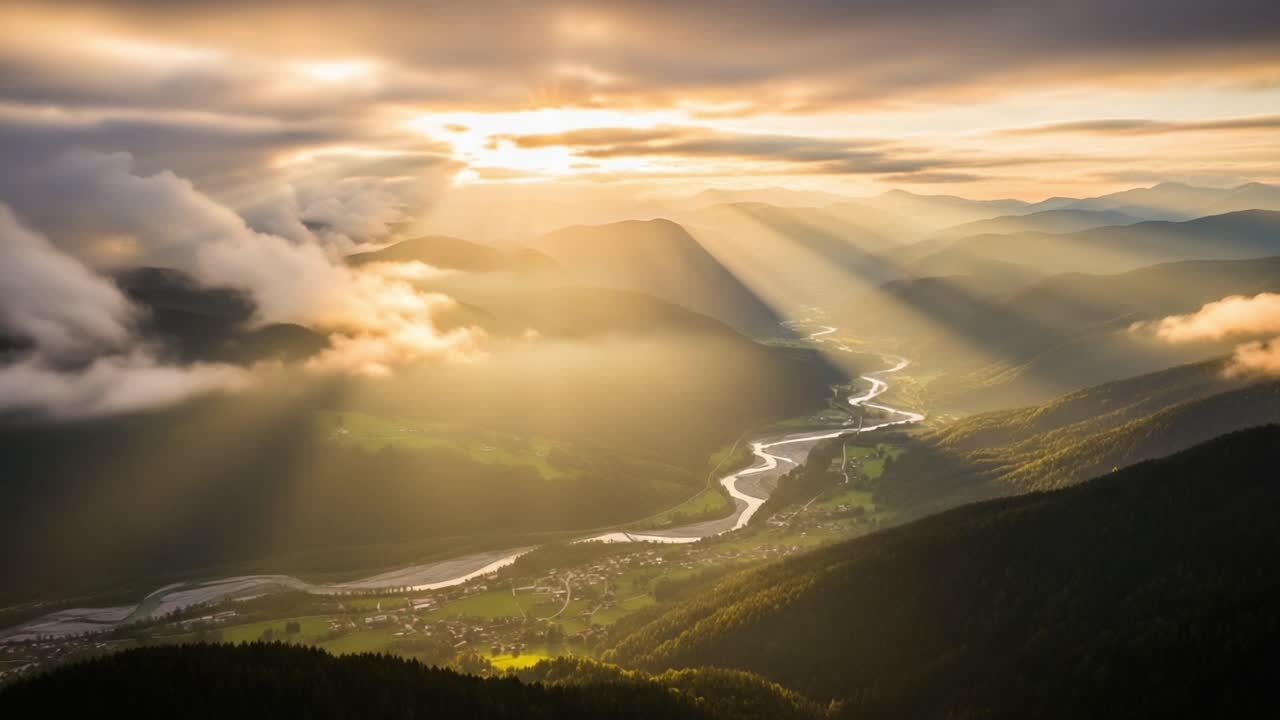 Breathtaking Sunrise Over Rolling Hills: A Stunning View of Light Rays Illuminating the River and Valley Landscape at Dawn