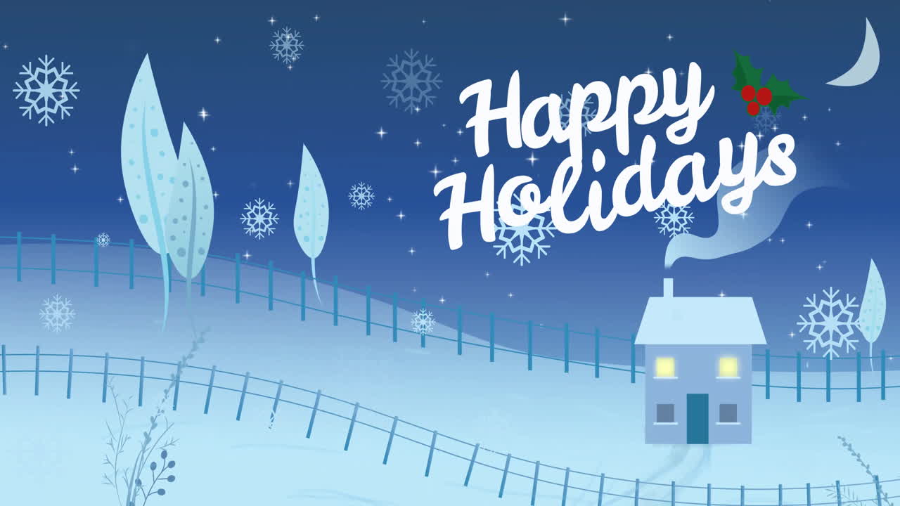 Happy Holidays text animation over snowy winter landscape with house and trees