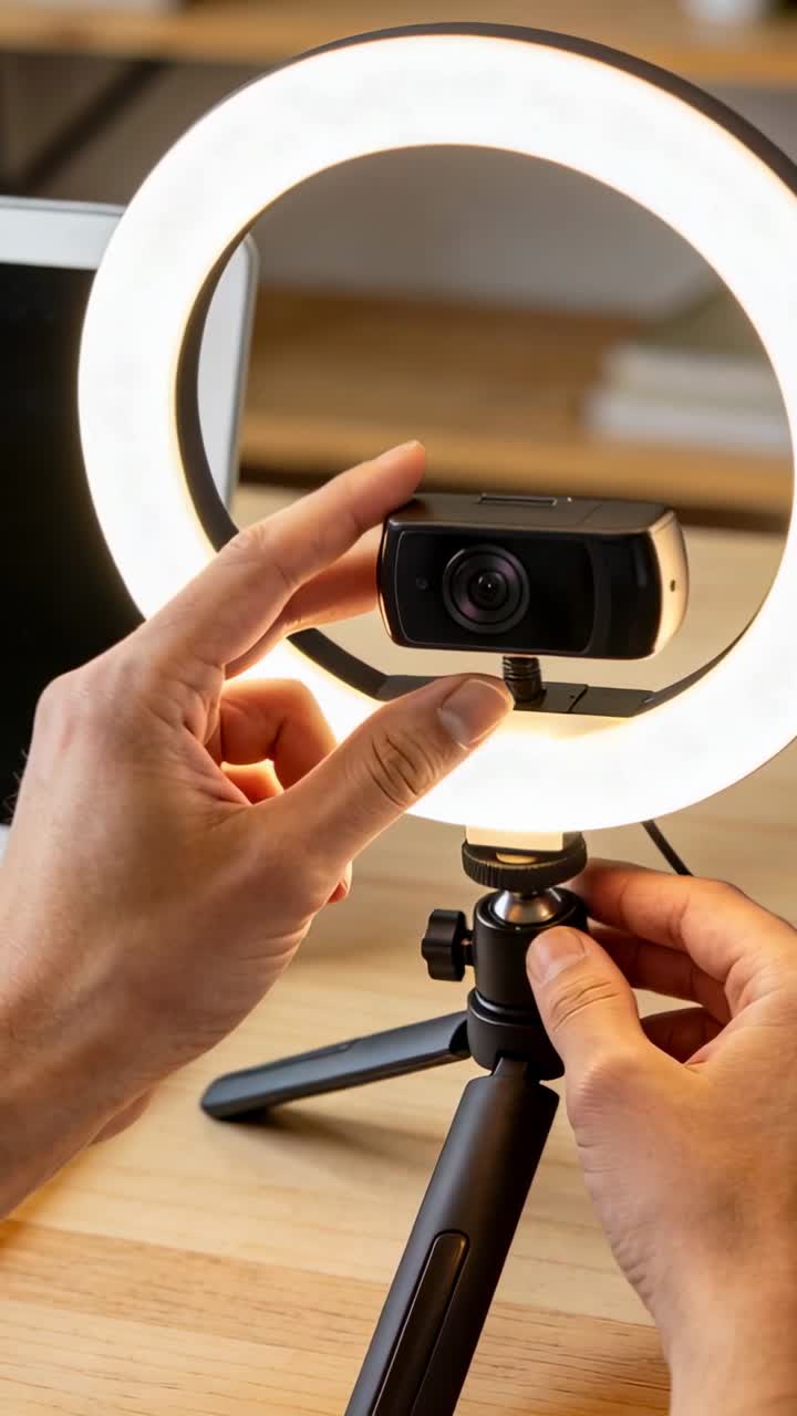 Mani che regolano webcam e ring light su treppiede per videochiamata