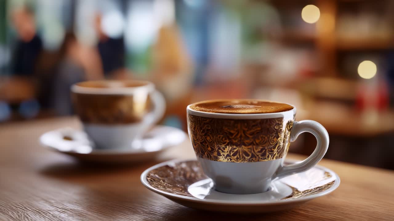 Elegante Kaffeetassen mit goldenem Design, die Wärme und Behaglichkeit in einem gemütlichen Café verströmen – perfekt zum Entspannen und für ein gemütliches Beisammensein bei einem leckeren Gebräu