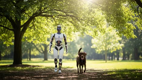 a robotic companion and a canine friend enjoying a serene walk under lush green trees in a beautiful park setting