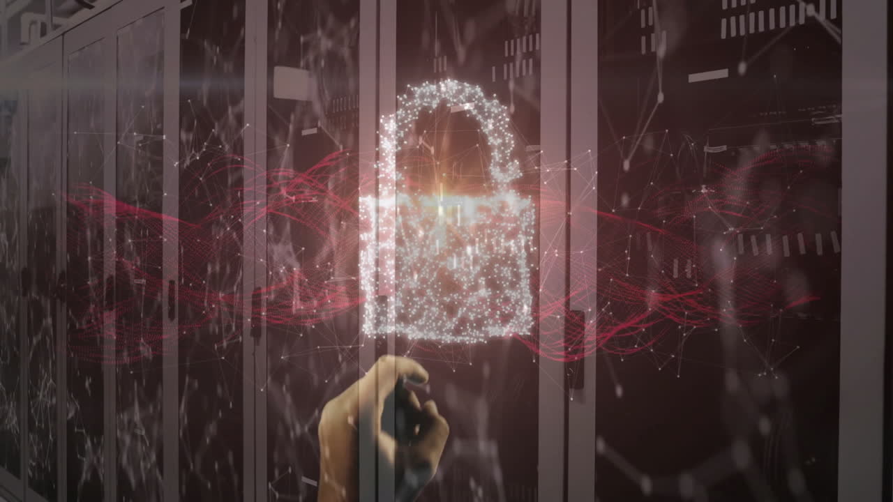 Interacting with digital lock, hand accessing network connections over server racks