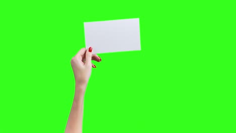 shooting of female hands showing empty white sheet on green background