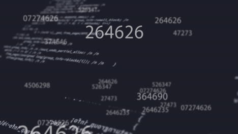Digital animation of multiple changing numbers floating against data processing on black background