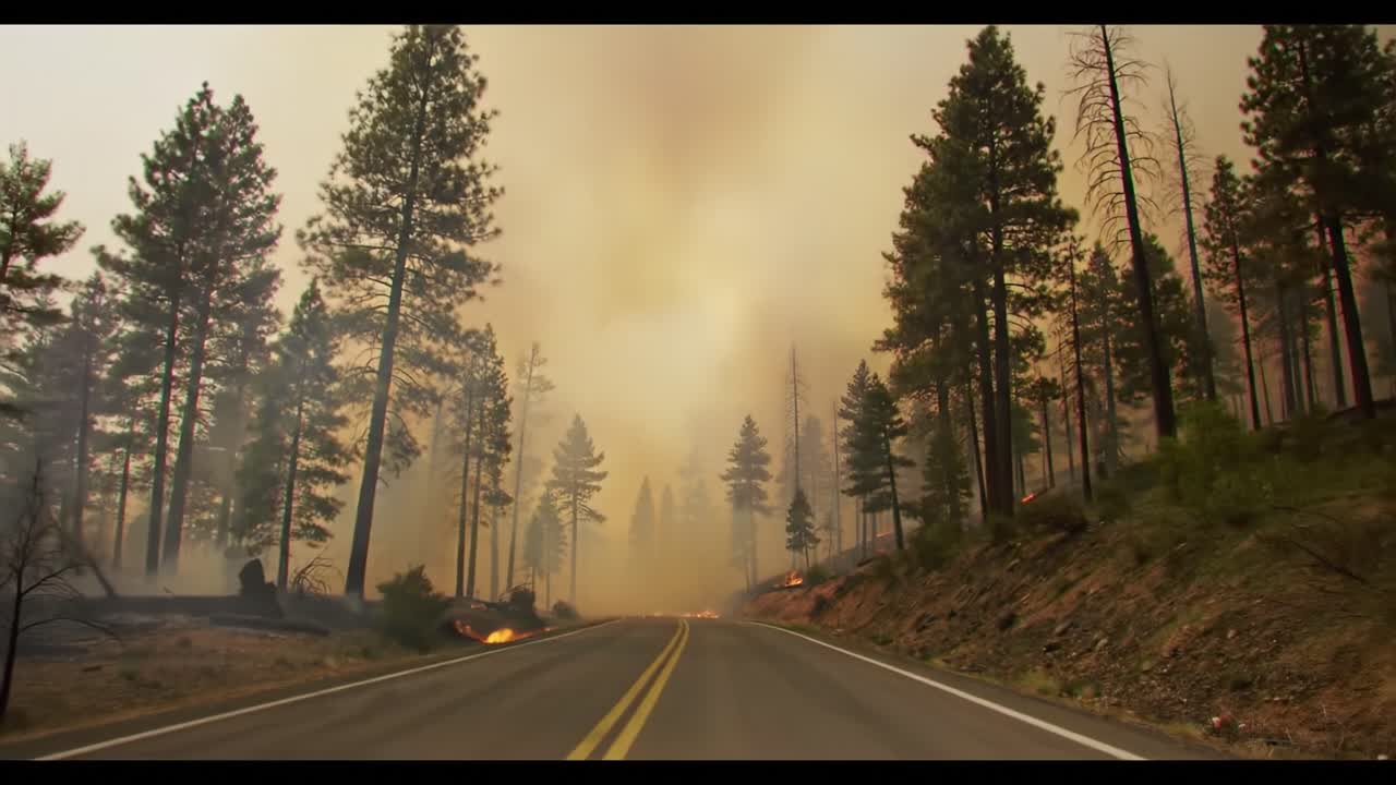 Capturing the Devastation of Forest Fires: A Dramatic Journey Through Smoke-Filled Wilderness, Where Flames Consume Nature and Threaten Wildlife on the Road Ahead