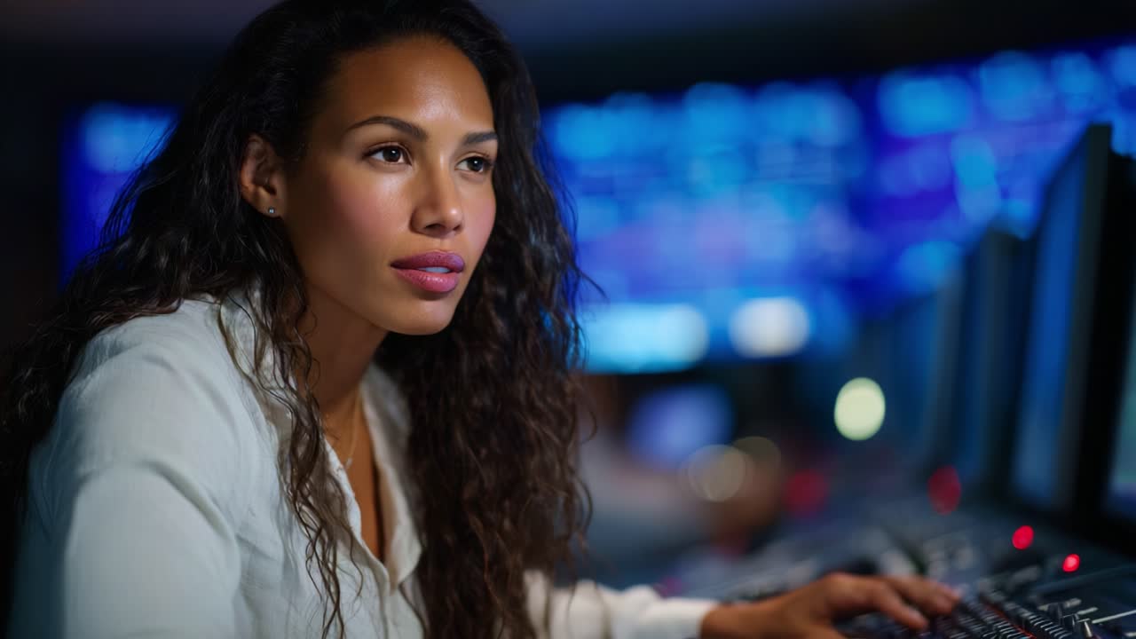 Focused Woman Analyzing Data on Computer Screen in Control Room with Bright Background, Radiating Professionalism and Engagement in Technology Operations