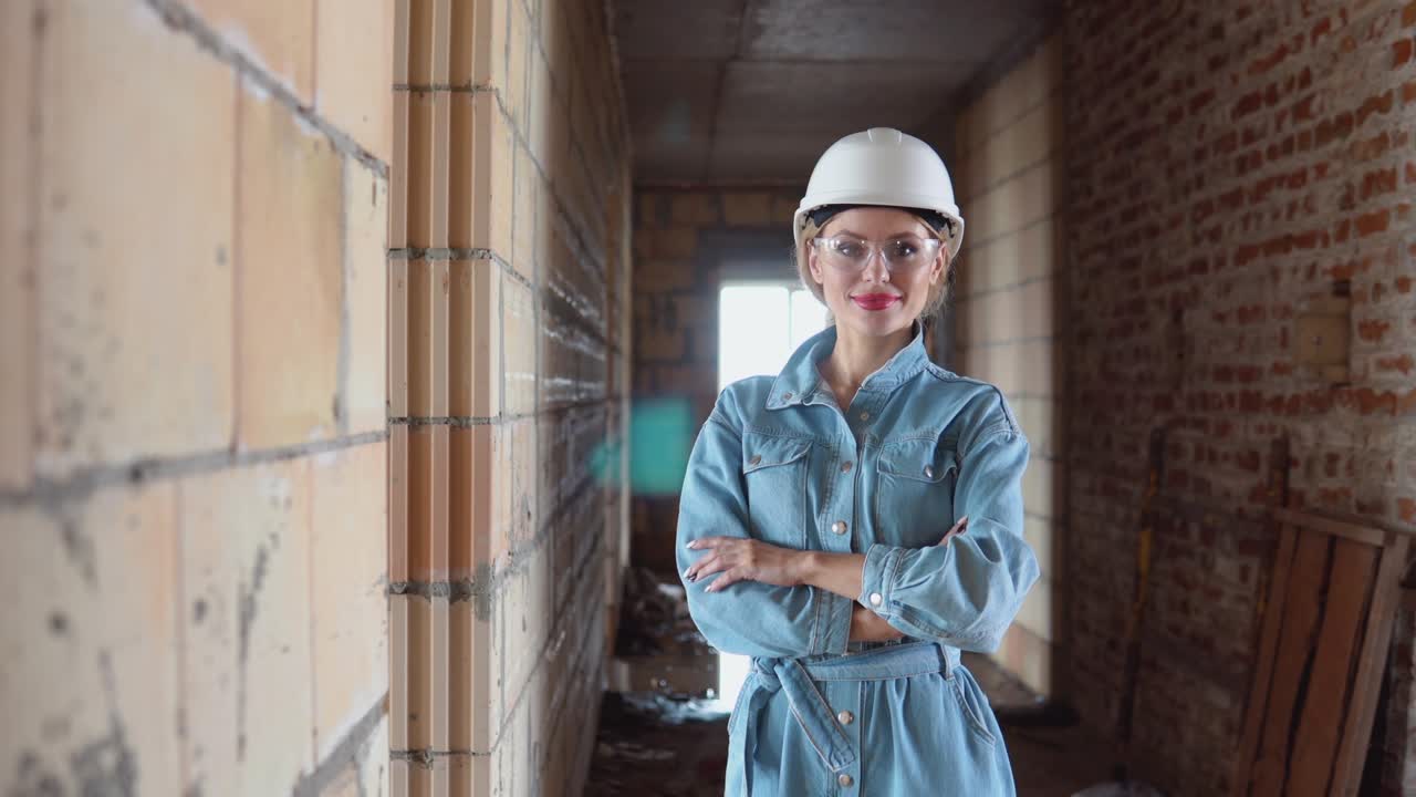 una mujer arquitecta o albañil se encuentra en una casa recién construida con paredes no tratadas. el proceso de construcción de viviendas para la familia. materiales de construcción