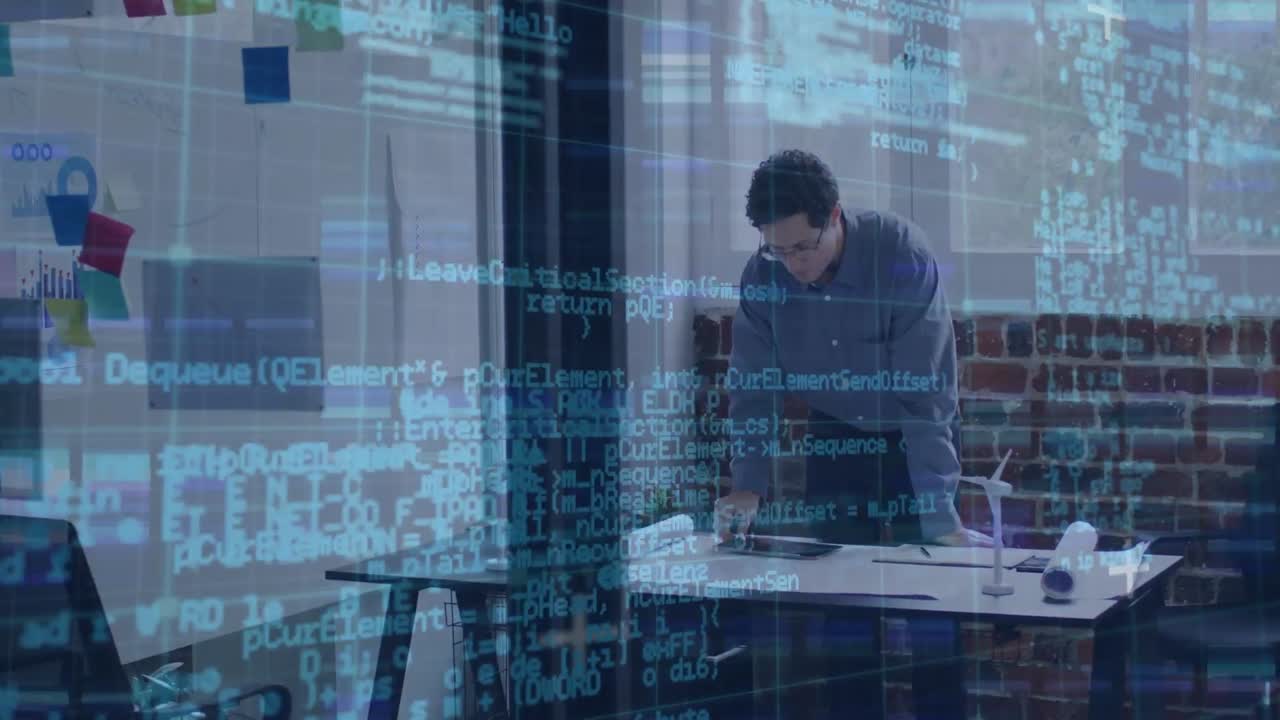 animación de procesamiento de datos sobre el hombre caucásico en la oficina