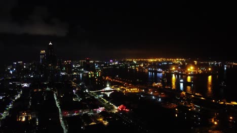 nighttime aerial view of a vibrant cityscape with illuminated streets and river