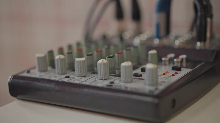 Mixer audio in primo piano su scrivania che mostra manopole e cavi, mentre un insegnante di musica regola i livelli durante una lezione online in un accogliente studio casalingo con toni caldi, bassa profondità di campo e LED attenuati.