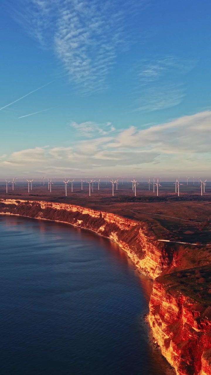Vista aérea de turbinas eólicas ao longo da costa ao pôr do sol