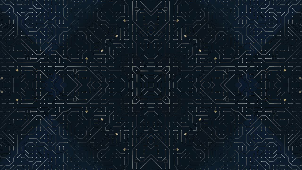 Dark abstract electronic circuit board background with symmetrical patterns lines and connection points for technology concept