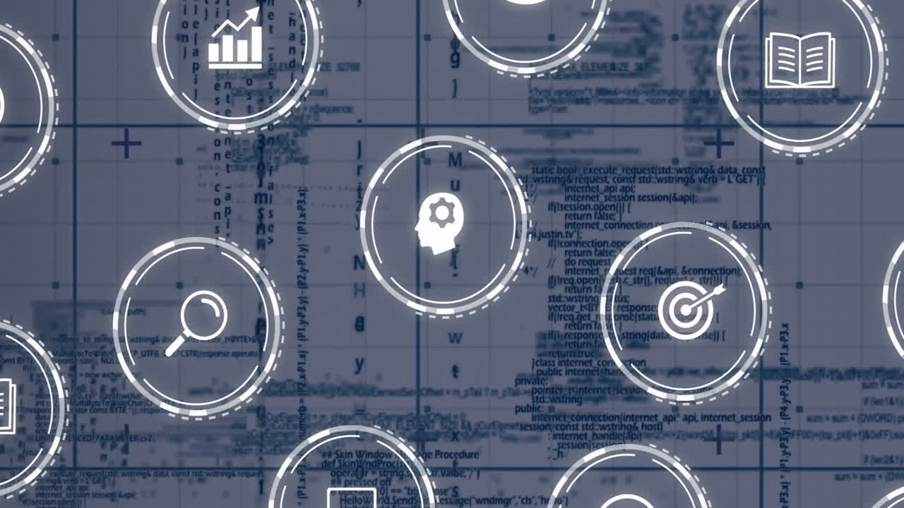 Icons of data analysis and research over technical document with animation elements