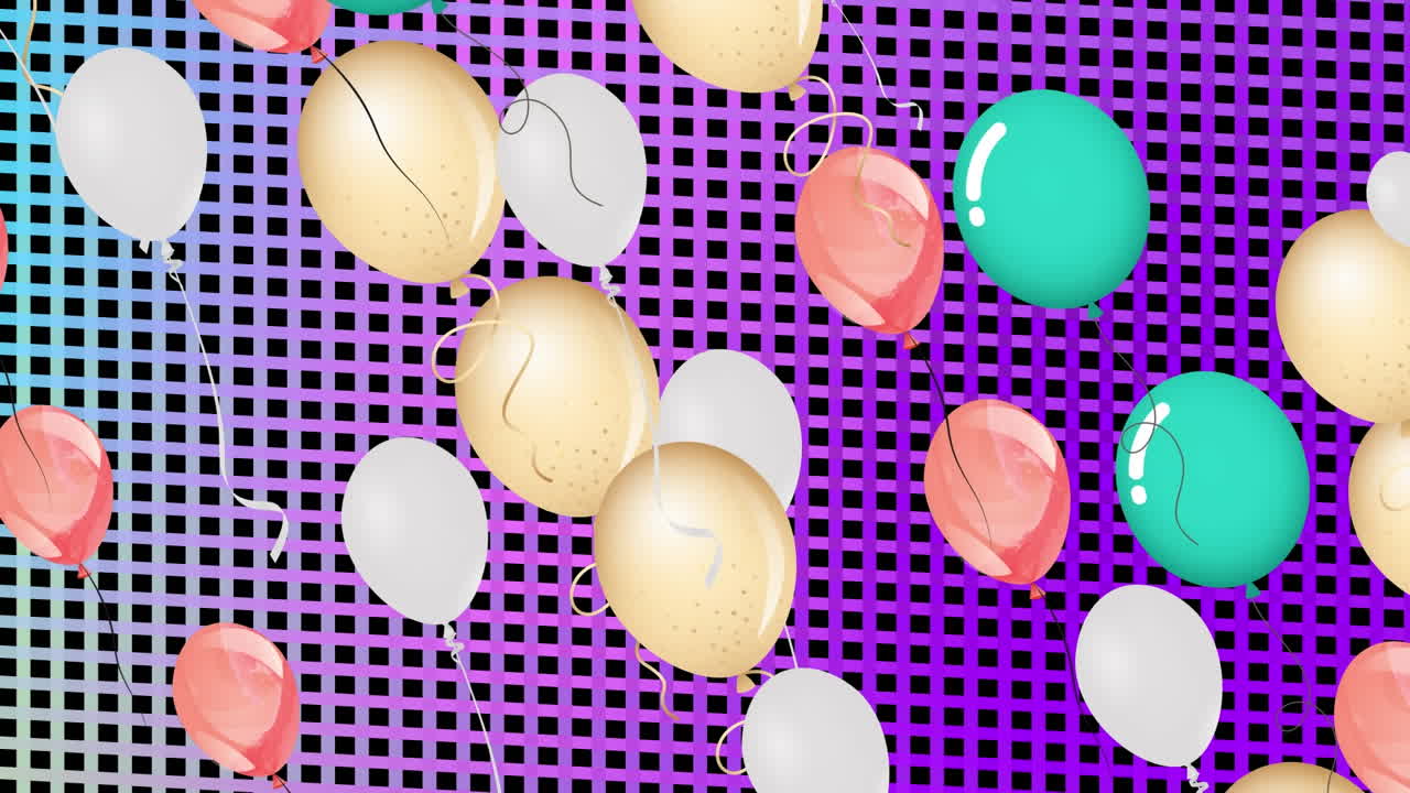 animación de globos coloridos volando sobre una cuadrícula púrpura sobre un fondo negro
