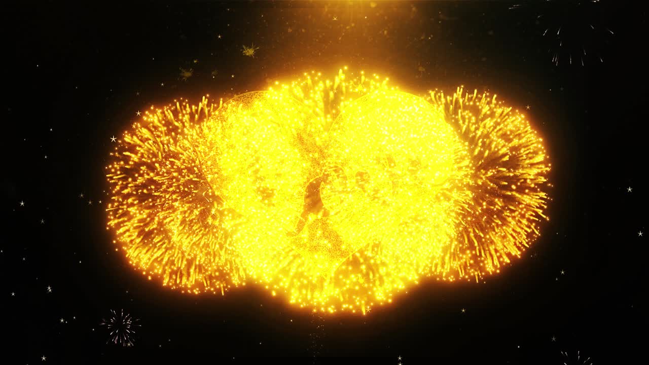 Golden Heart with Love Text and Fireworks