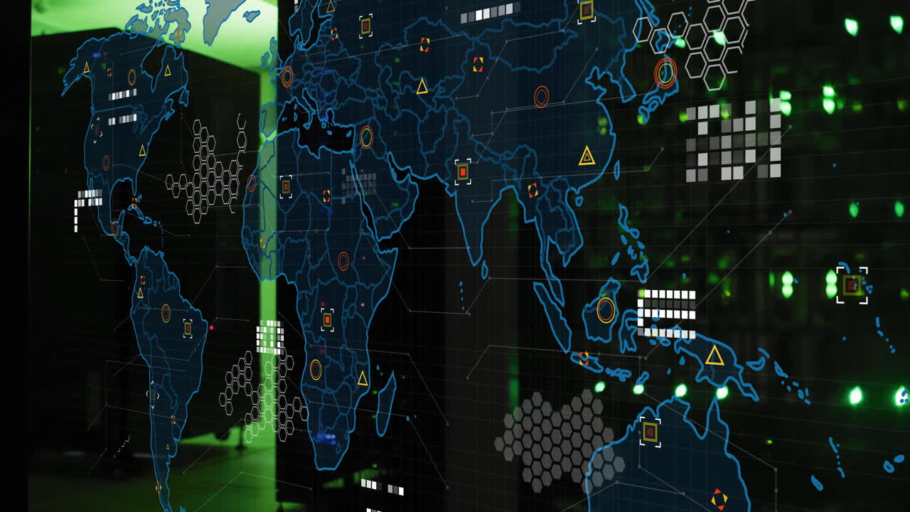 World map with data points and network connections animation over server room