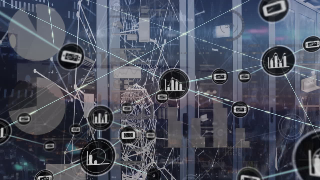 animación de la red de iconos digitales, procesamiento de datos y redes plexus contra la sala de servidores