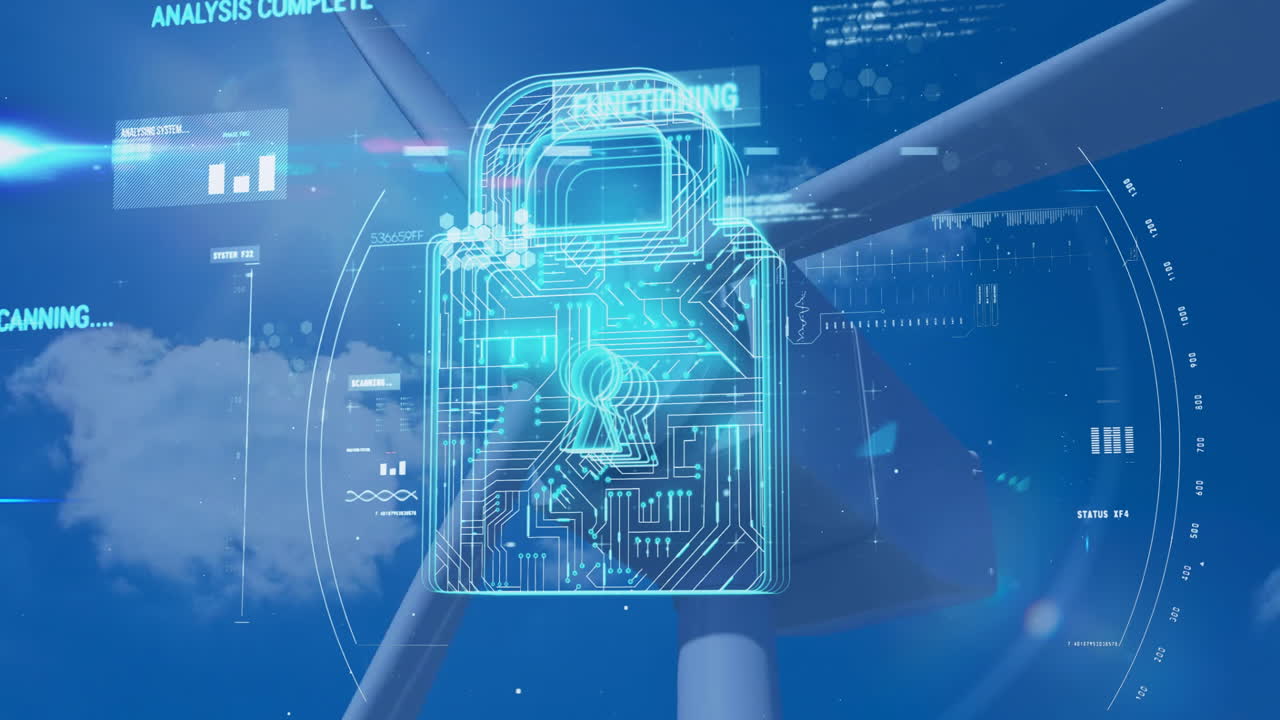 Digital lock and data scanning animation over wind turbine background