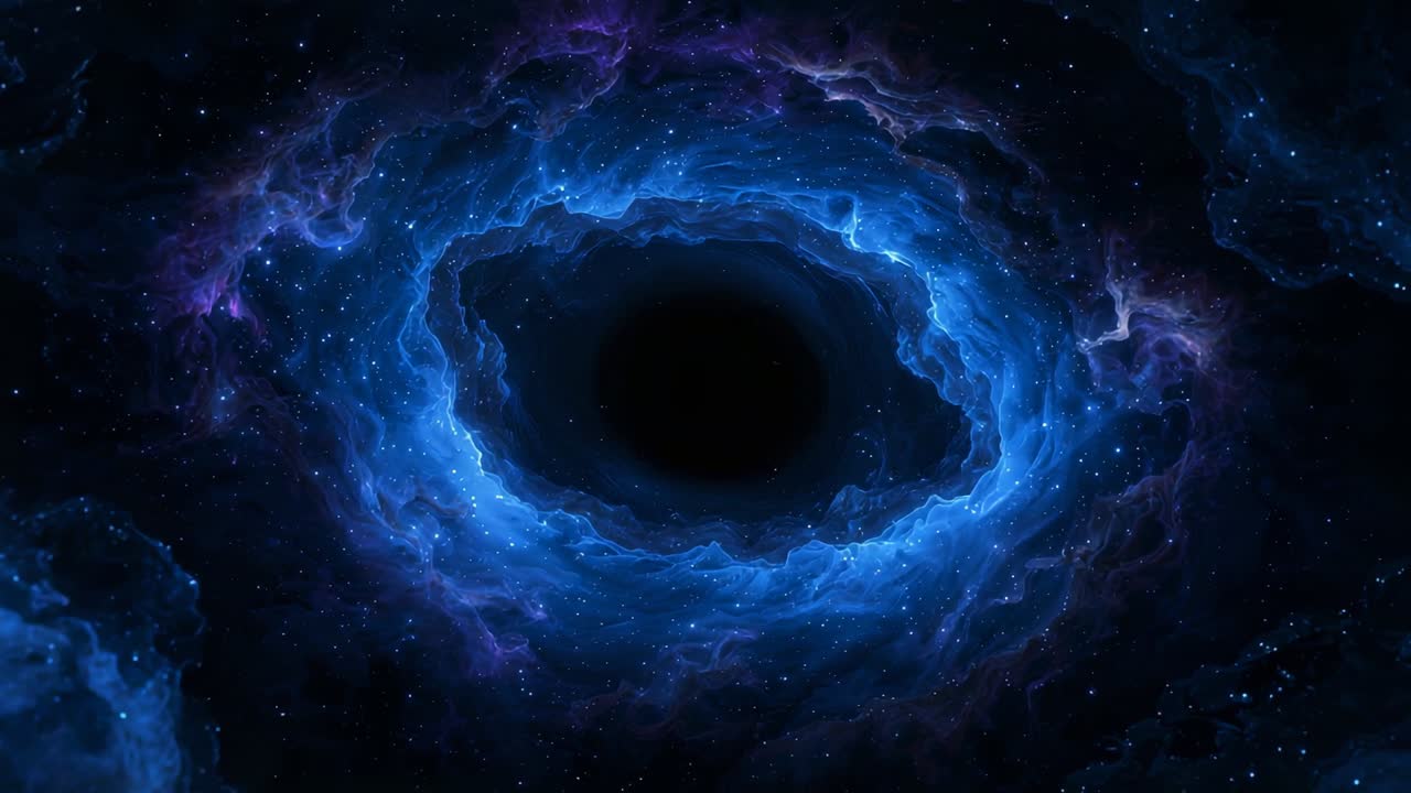 Gravity of black void pulling glowing gas inward in deep space with scattered stars, framing vortex