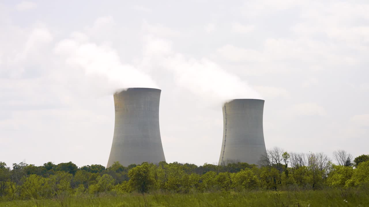 Nuclear Power Plant on a warm cloudy day with steam rising - establishing shot
