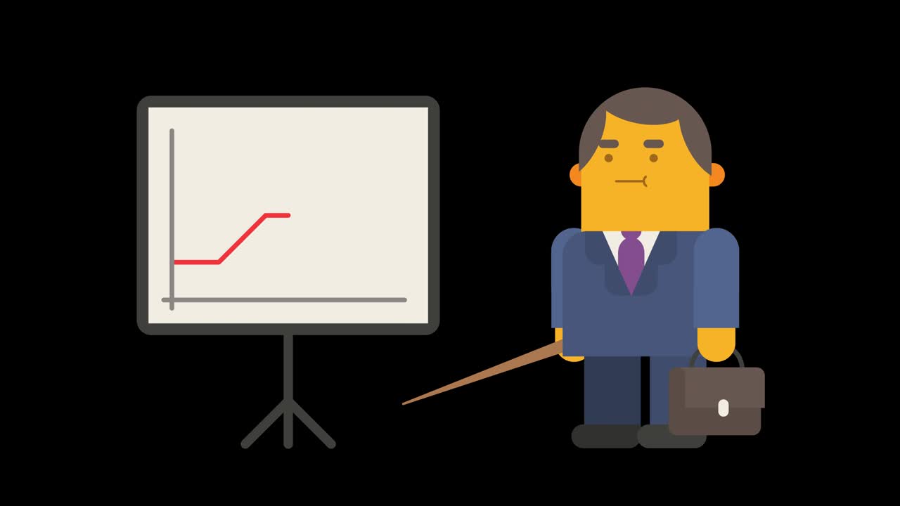 비즈니스맨은 플립차트 근처에 서서 상승과 하락 금융 차트를 보여줍니다. - 알파 채널