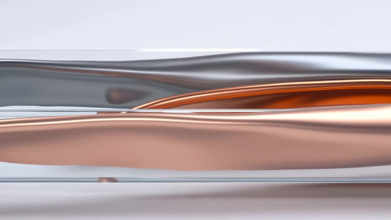 Two glossy metallic ribbons in rose gold and silver gray glide above translucent layered glass strips, creating soft reflections, gentle contrast, clean spacing and elegant abstract luxury